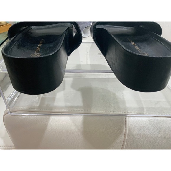 Tory Burch Black Leather Double T Logo Slides Sandals Women's Size - Picture 6 of 17